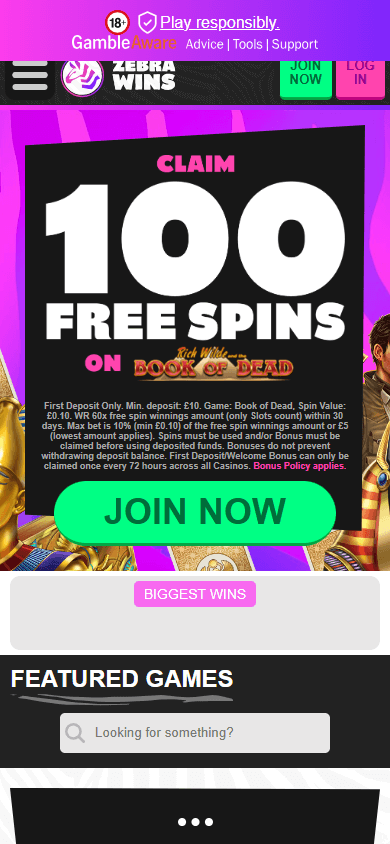 Zebra Wins Casino Mobile screenshot